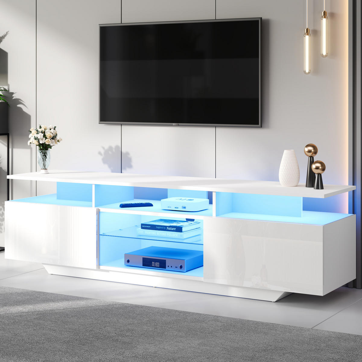 TV-ELEMENT mit LED und 2 Schränken 160 x 40 x 45 cm MDF Weiß - Weiß, Holzwerkstoff (40/45/160cm) - Beauniv