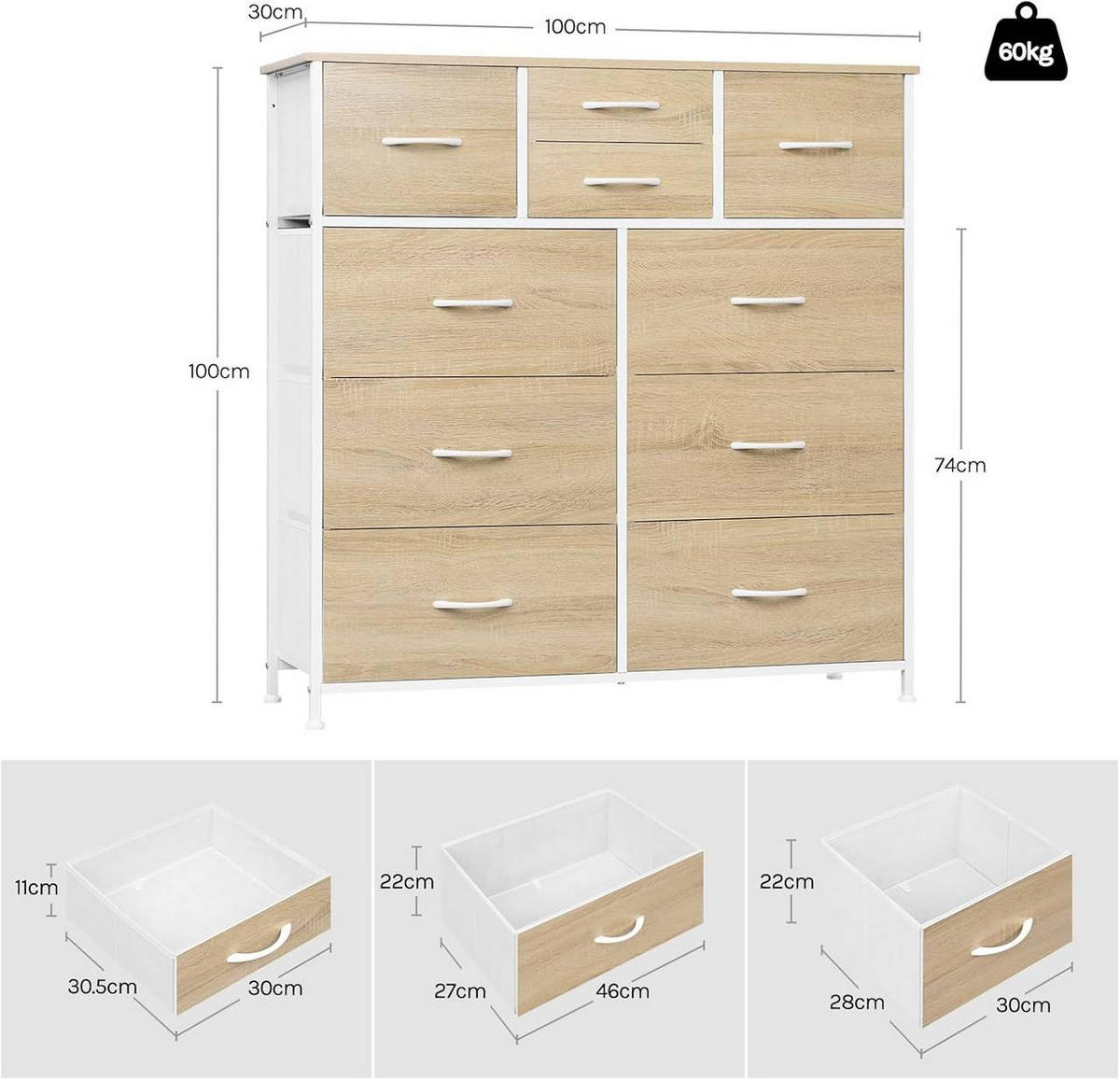 KOMMODE mit 10 Schubladen, Industrial Stil, Helle Eiche + Weiß - Eichefarben/Weiß, Holzwerkstoff/Textil (100/100/30cm) - Woltu