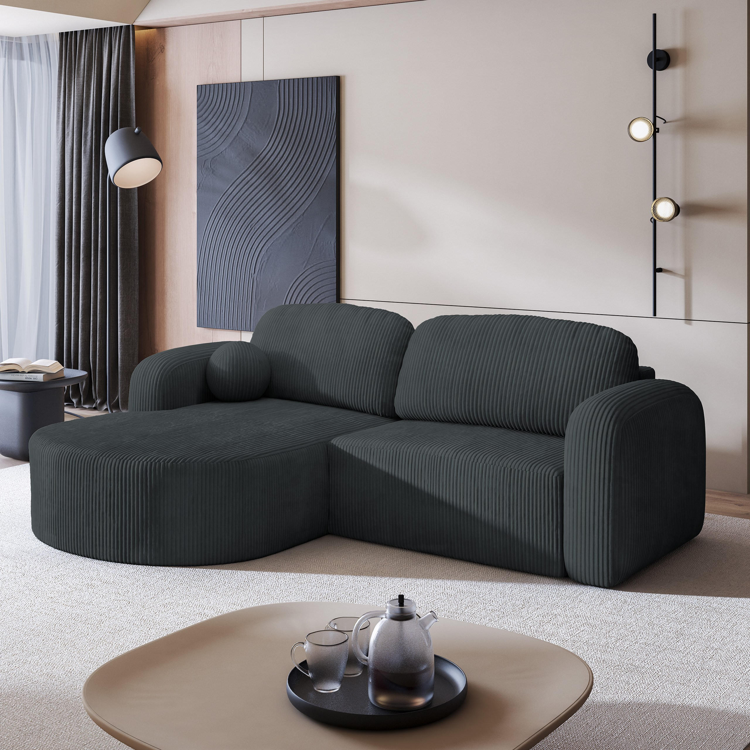 ECKSOFA AMILIA P L-S Graphitfarben Kordstoff mit Schlaffunktion - Graphitfarben, Holz (263/174cm) - MASSENO
