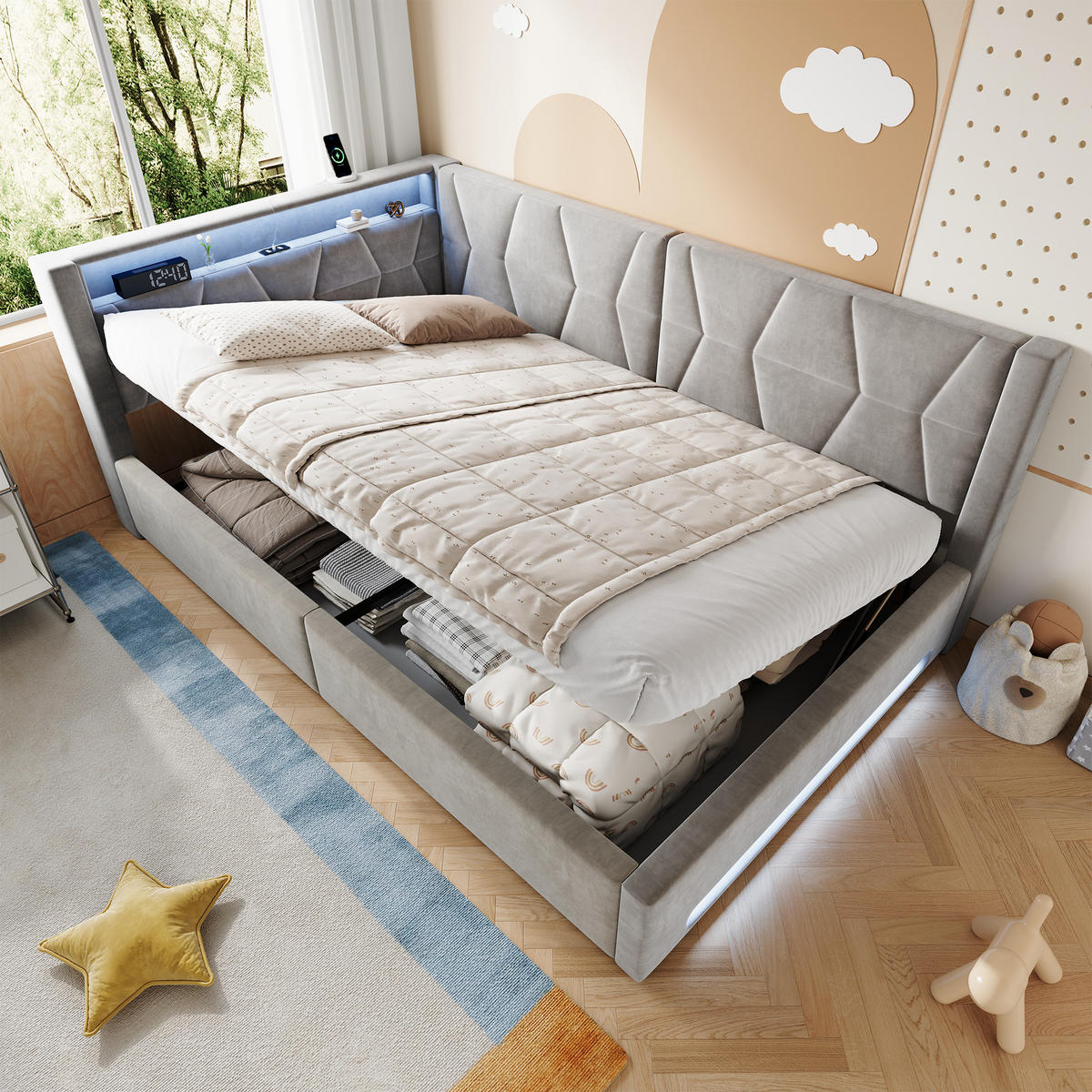 BOXBETT 140/200cm, LED/USB-C, Bettkasten, Lattenrost, Dunkelgrau - Dunkelgrau, Holz/Metall (140/200cm) - LVHOM