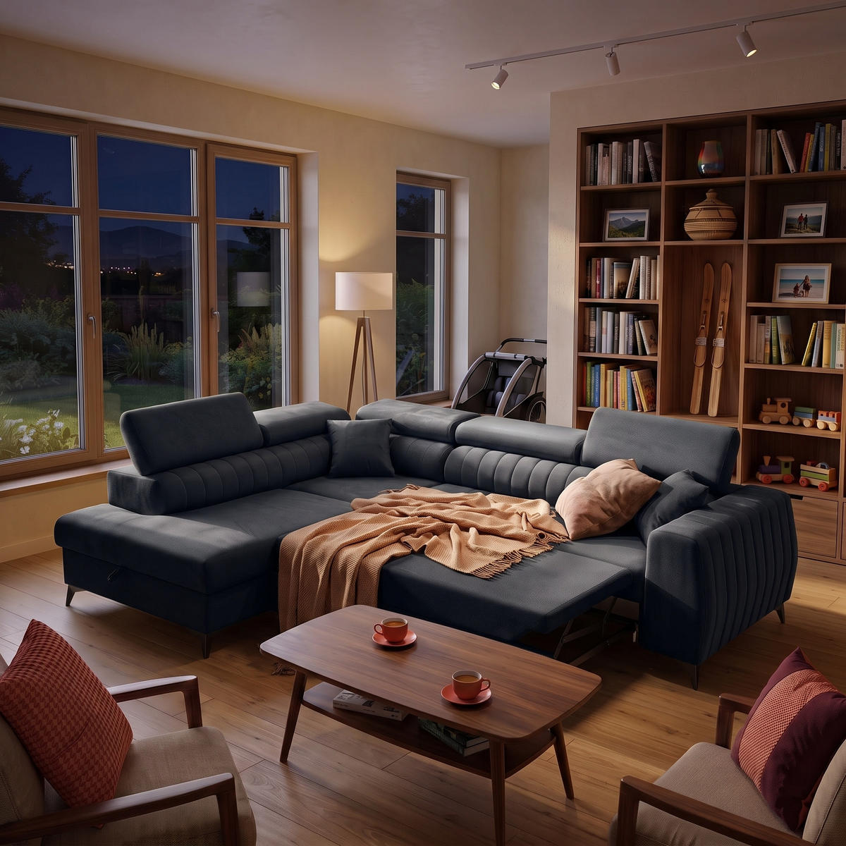 ECKSOFA PIERO L Links mit Schlaffunktion 195x125 Velours Dunkelgrau - Dunkelgrau/Schwarz, Holz/Textil (268/203cm) - Muffo