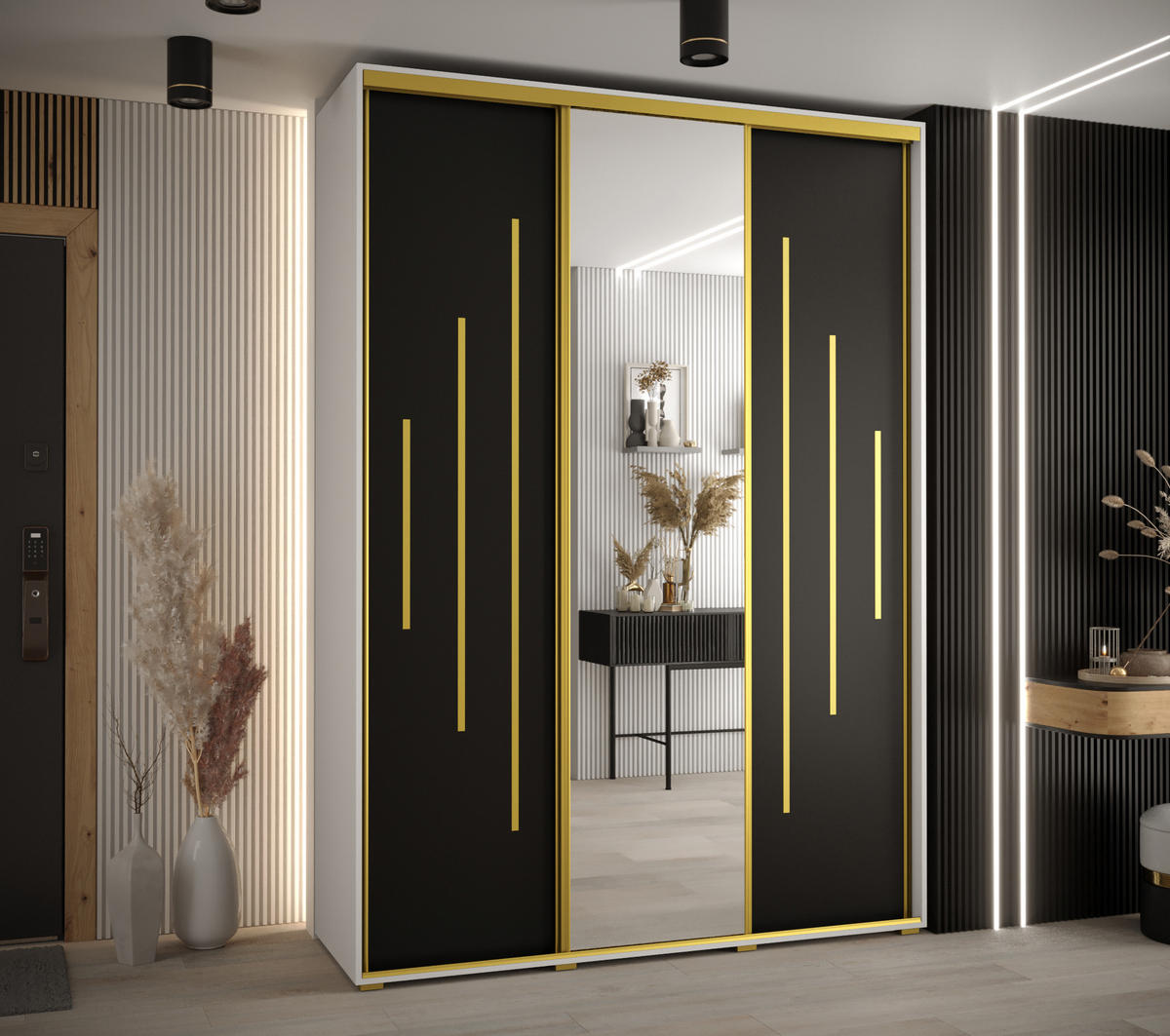 SCHWEBETÜRENSCHRANK 235,2/180/45 3-türig - Goldfarben/Schwarz, Holz/Metall (180/235/45cm) - Abiks Möbel