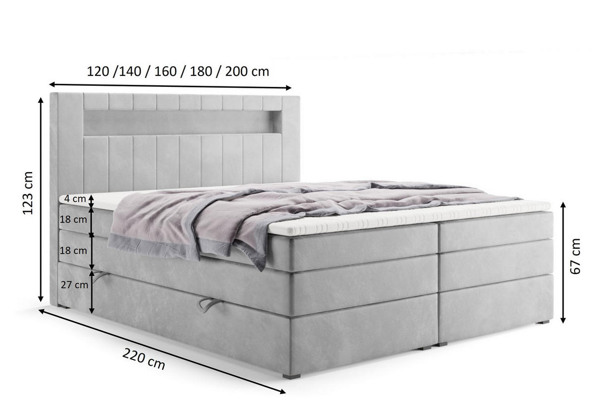 BOXSPRINGBETT Gold 5 King LED 120x200 cm Grau Velvet H4 - Grau, Holz (120/200cm) - Labett