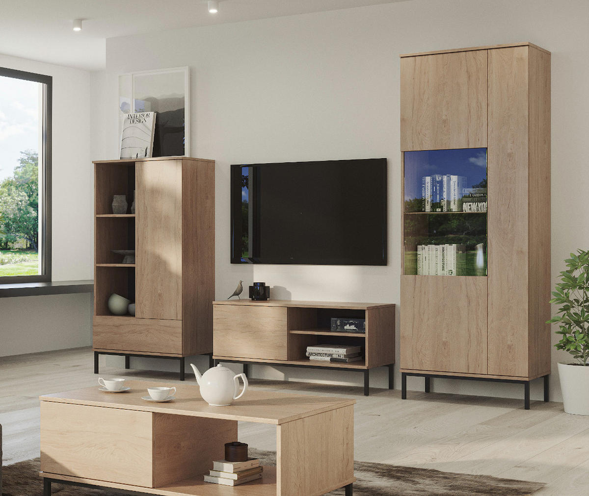 VITRINE Queba 2T Hellbraun 70/190/41 cm – Vitrinenschrank Holzoptik - Hellbraun/Schwarz, Holzwerkstoff (70/190/41cm) - AX Living