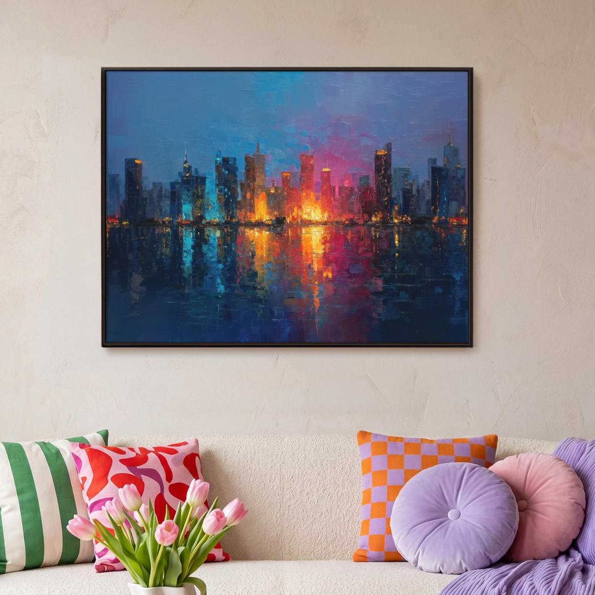 LEINWAND Bilder mit Rahmen - Skyline - Pinselstriche - Dunkelblau - Leuchtend - 100x70 - Blau, Textil (100/70cm) - MuchoWow