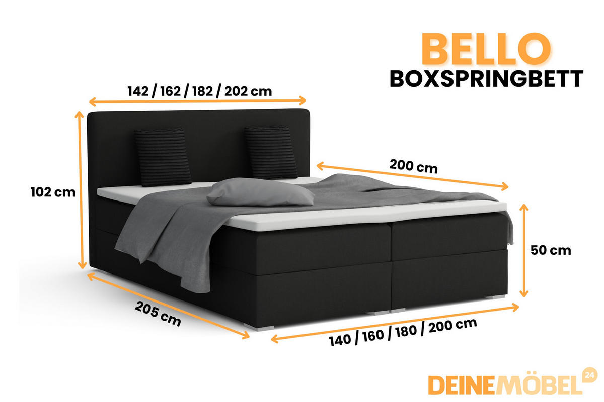 BOXBETT BELLO 160x200 in Velour Schwarz H4 - Schwarz, Holz/Holzwerkstoff (160/200cm) - Deine Möbel 24