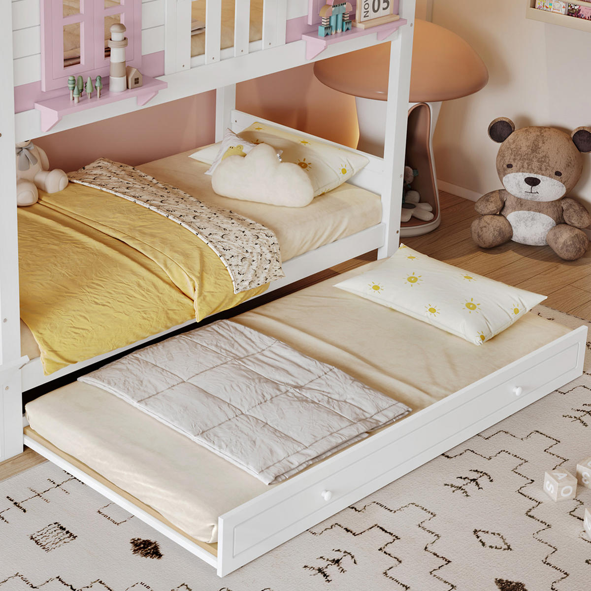 ETAGENBETT 90/200 cm & 90/200 cm in Weiß & Rosa mit Rollbett, Treppenregal und Kleiderstange mit Dach - Weiß/Rosa, Holzwerkstoff (90/200cm) - STILVORA