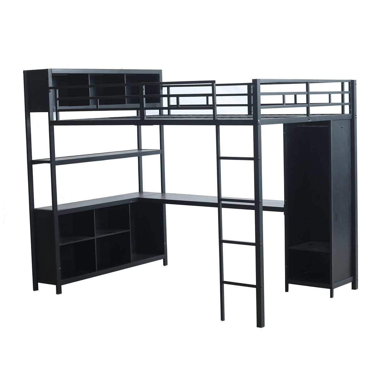 HOCHBETT mit Schreibtisch 140/200 cm in Schwarz – mit Kleiderschrank und Stauraum - Schwarz, Metall (90/200cm) - BEAOK