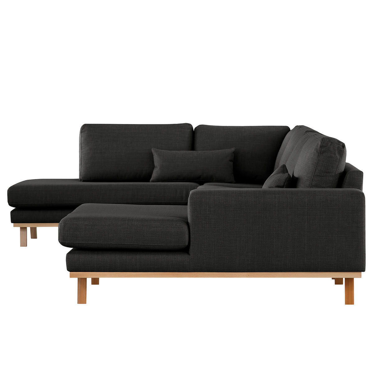 WOHNLANDSCHAFT mit Longchair - Buchefarben/Schwarz, Buchenholz/Textil (371/81/219cm) - home24