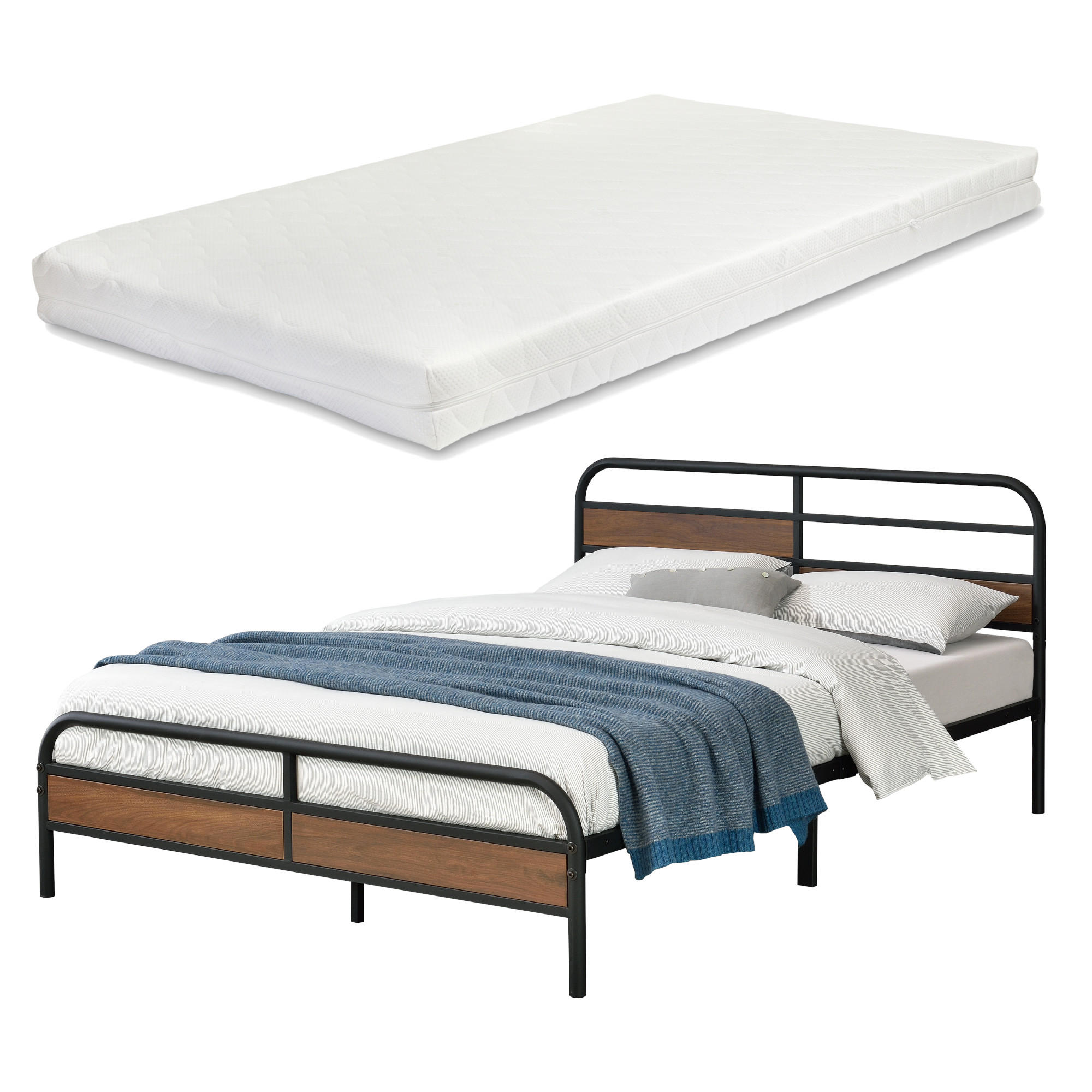METALLBETT Aarau mit Matratze - Walnussfarben/Schwarz, Textil/Metall (140/200cm) - [en.casa]