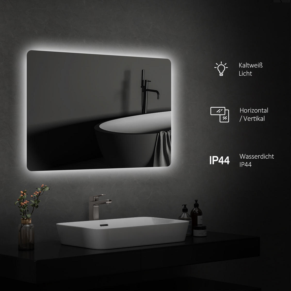 BADSPIEGEL mit Power-Off-Memory-Funktion Beleuchtung Rechteckig 70/50 cm - Weiß, Glas (50/3/70cm) - EMKE