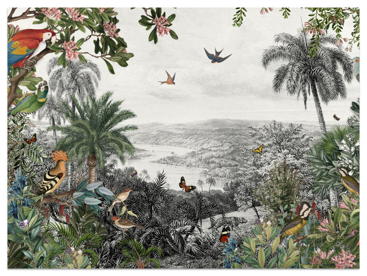 FOTOTAPETE für Wohnzimmer Tropenpapageien Vögel Palmen 350x256 - Gelb/Rot, Papier (350/256cm) - Muralo