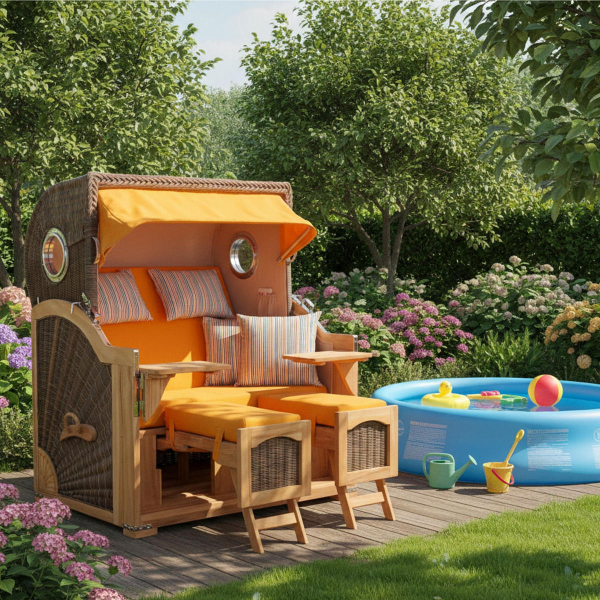 STRANDKORB Düne Grande Bullauge Teak PE Grey Dessin 586 - Gelb/Braun, Metall (142/170/95cm) - Mr. Deko