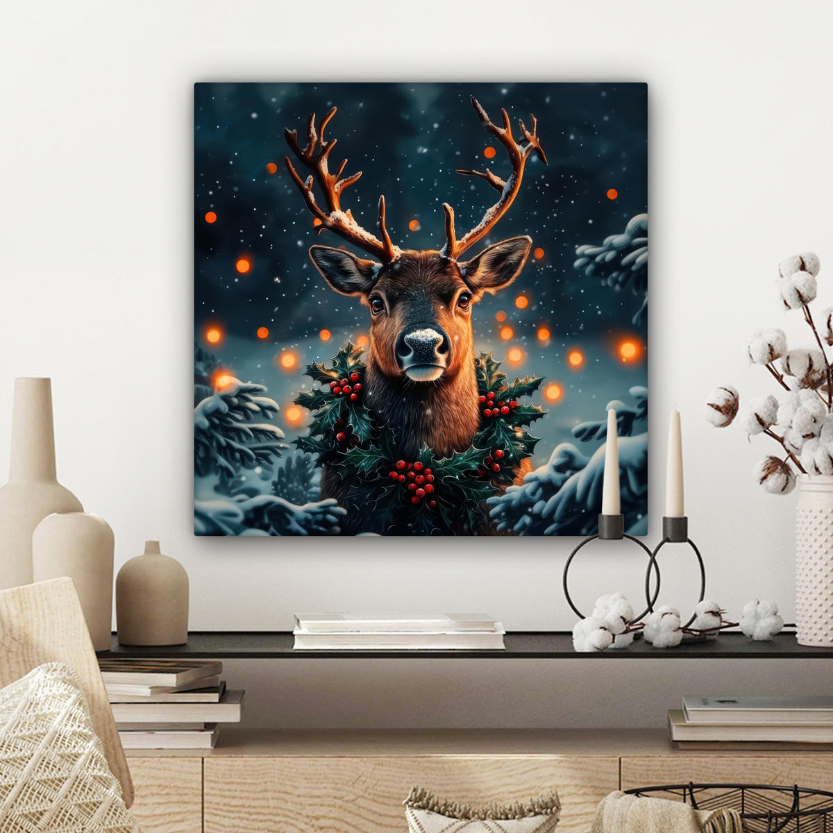 LEINWANDBILD Hirsch - Weihnachten - Winter - Schnee - Weihnachtskranz Wandbild Wohnzimmer 50x50 cm - Dunkelbraun, Textil (50/50cm) - MuchoWow