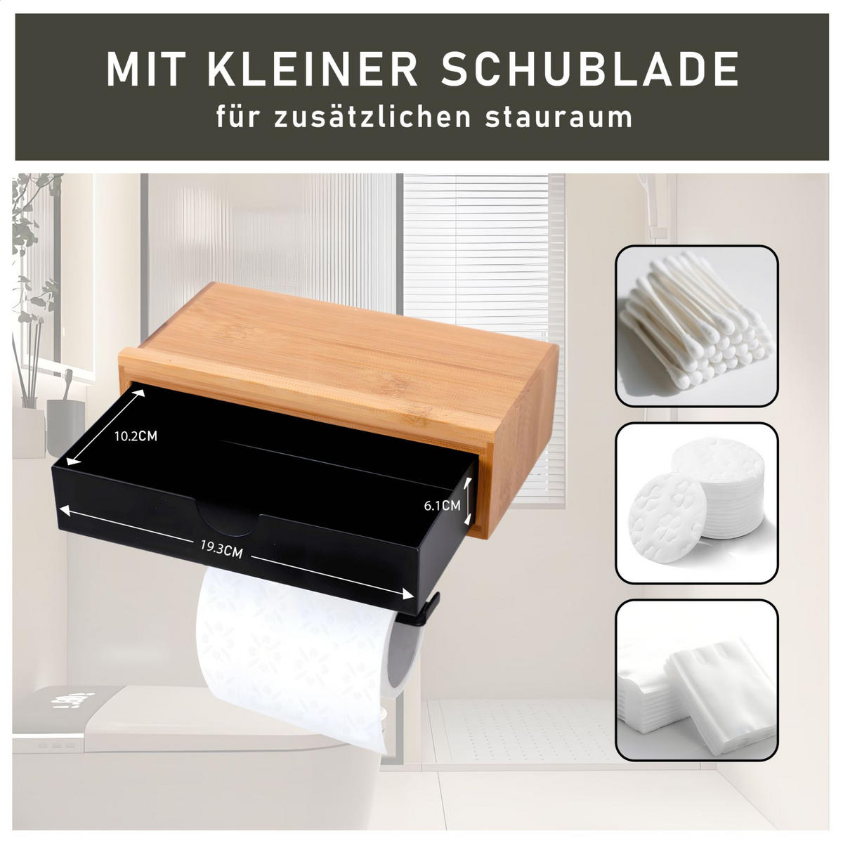 TOILETTENPAPIERHALTER mit Schublade 10x18,5x13cm Bambus - Schwarz, Holz (18.5/10/13cm) - BERLINLODGE