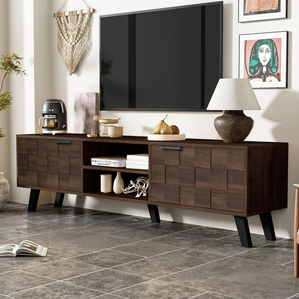 TV stolek 160,5/35,5/45 cm s 2 dvířky a 2 otevřenými policemi, tlumené panty, Dub - hnědá, kompozitní dřevo (160.5/45/35.5cm) - Redom