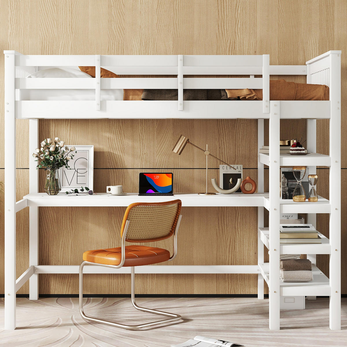 HOCHBETT aus Kiefernholz und MDF 90x200 cm Weiß mit Schreibtisch und Ablagefächern - Weiß, Holzwerkstoff (90/200cm) - IVMEU