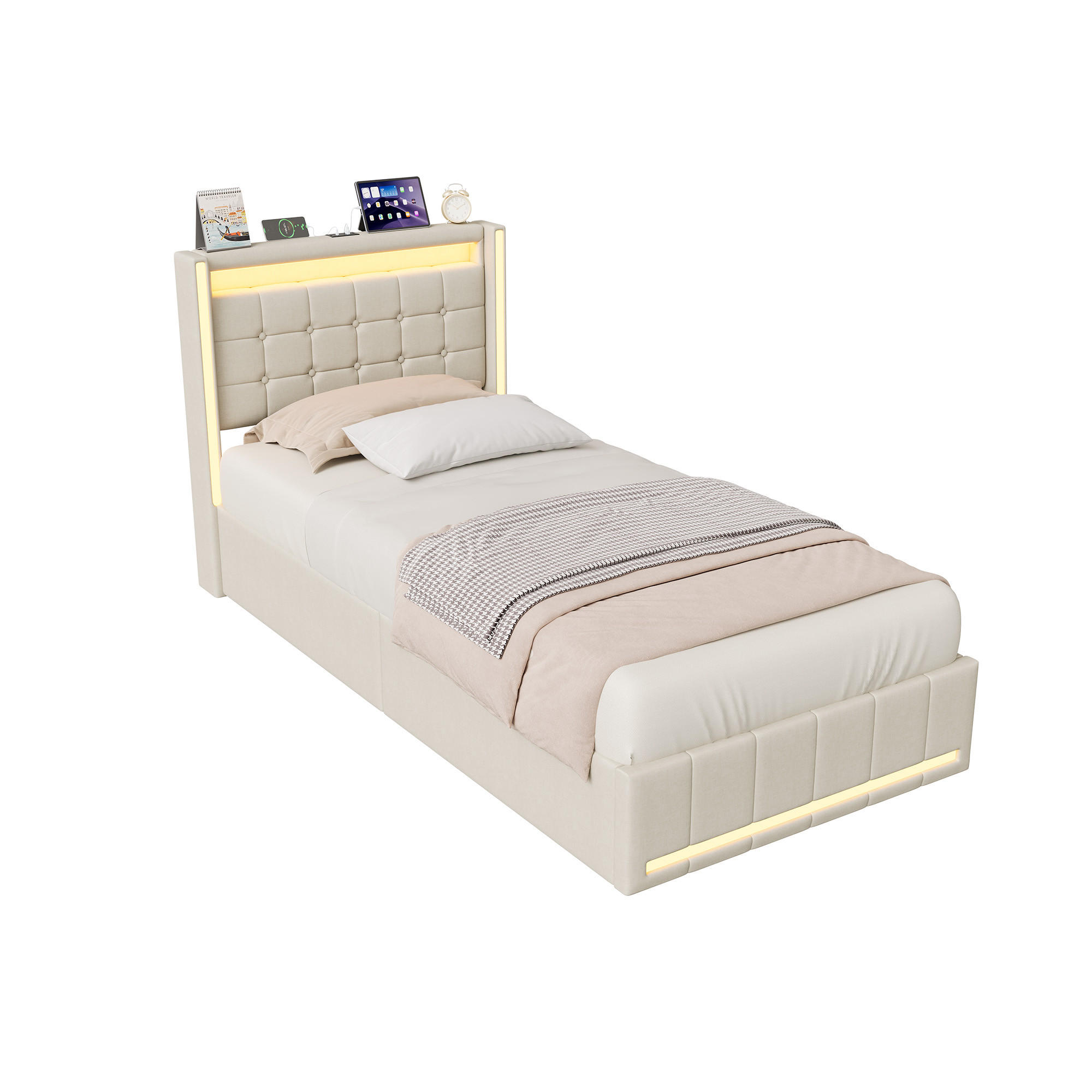 POLSTERBETT 90x200 cm Beige mit LED, Stauraum, USB-C & hydraulischem Lattenrost - Beige, Holz (90/200cm)