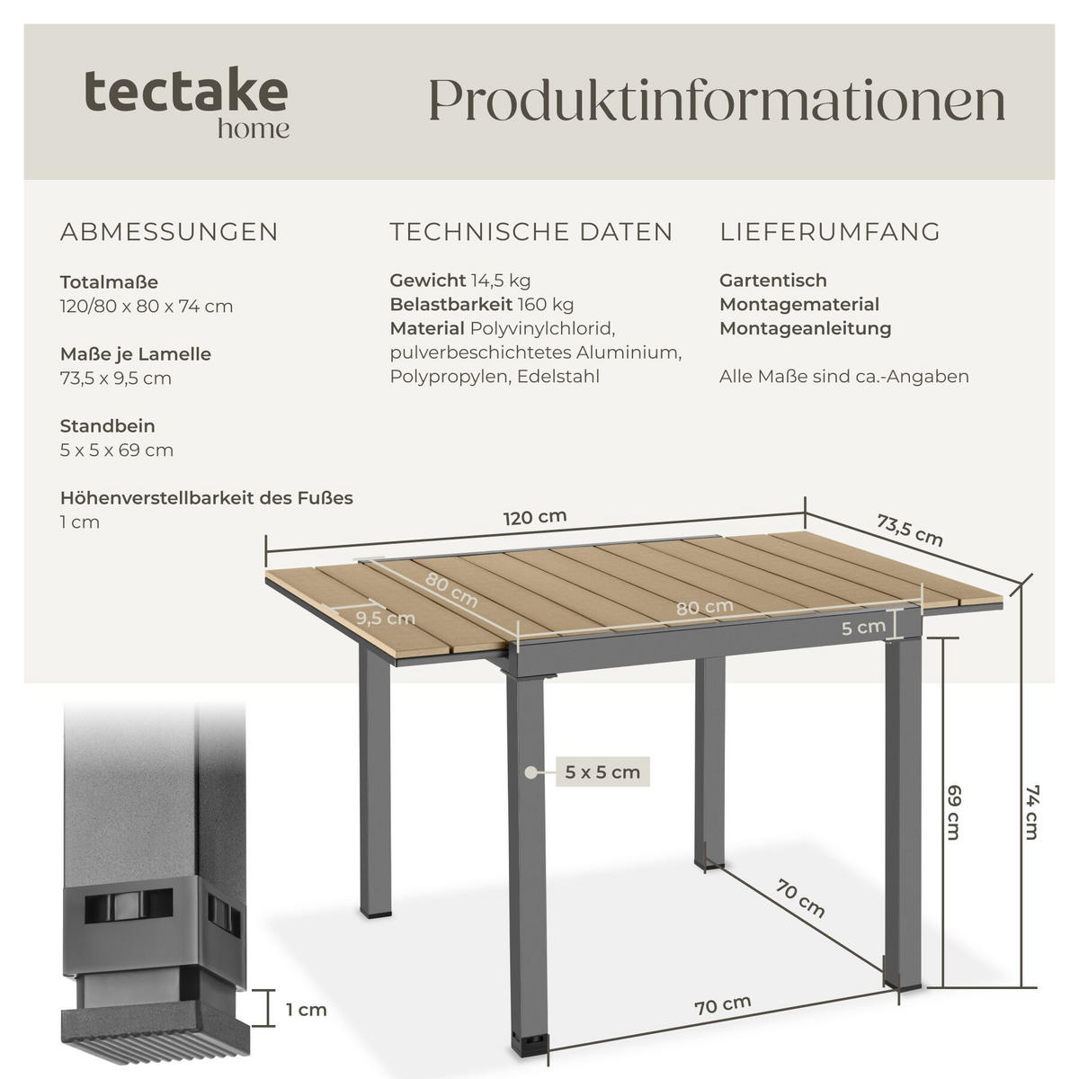 GARTENTISCH Inca, 80–120 x 80 x 74 cm, schwarz/braun - Schwarz/Braun, Kunststoff (120/80/74cm) - tectake