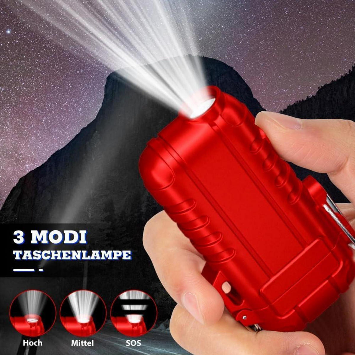 FEUERZEUG mit flexiblem Hals und LED-Taschenlampe Rot - Rot, Metall (4.5/1.8/8cm)