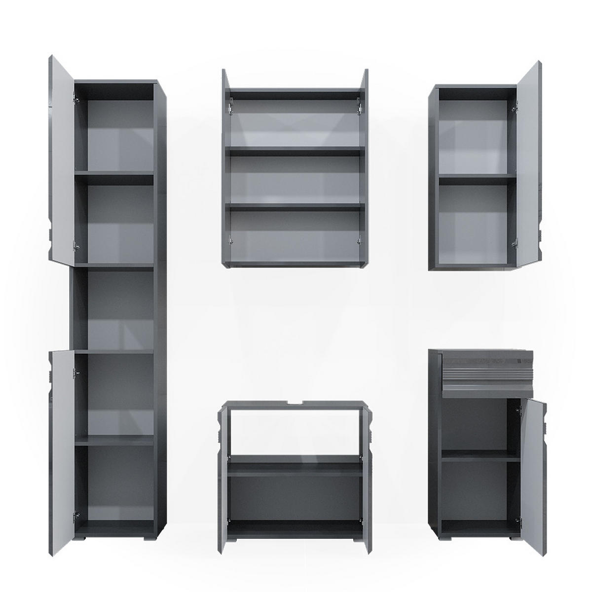 BADMÖBEL-SET Fredd Anthrazit Hochglanz 5 Teile - Anthrazit, Holzwerkstoff (56/60/34cm) - Vicco