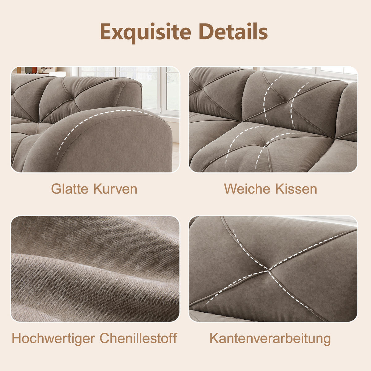 MODULOVÁ pohovka 2místná taupe z chenille bez rámu s 32D pěnou - hnědá, textil (95/76/204cm) - OKWISH
