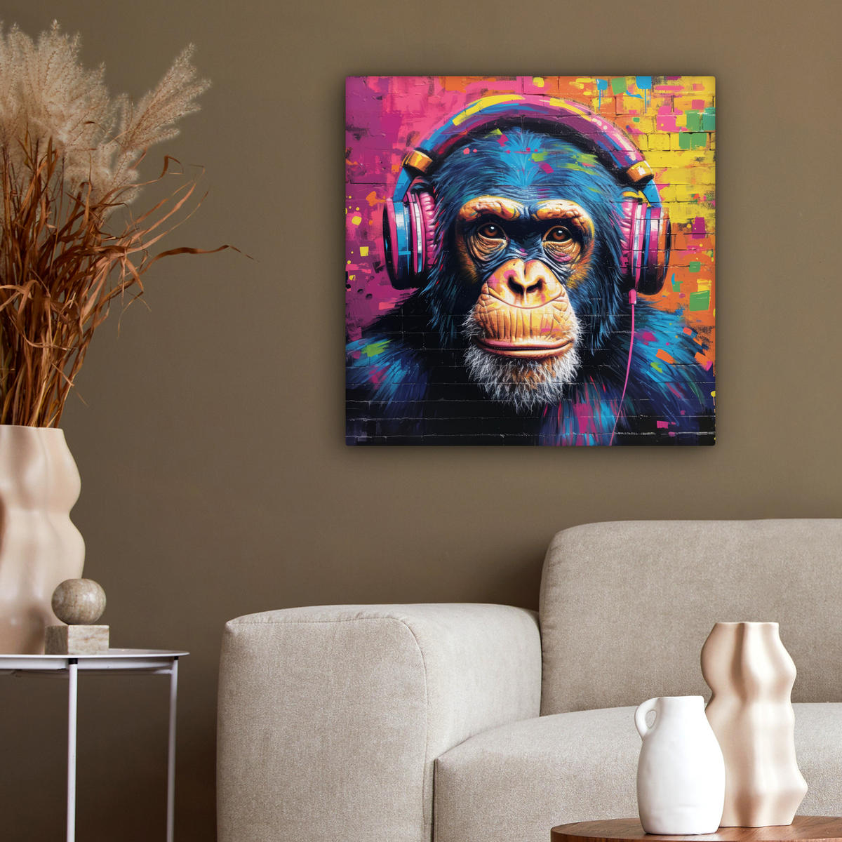 LEINWANDBILD Graffiti - Schimpanse - Straßenkunst - Kopfhörer - Affe 50x50 cm - Blau, Textil (50/50cm) - MuchoWow