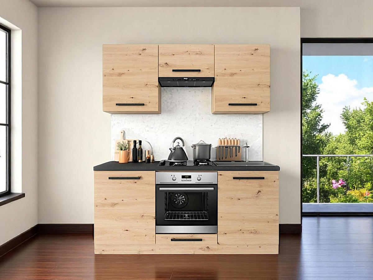 KÜCHENZEILE 180 cm – Nexa K23-G180 – in Woodline / Matt - Schwarz/Eiche Artisan, Holz/Metall (180/212/47cm) - ROYAL24_MARKT