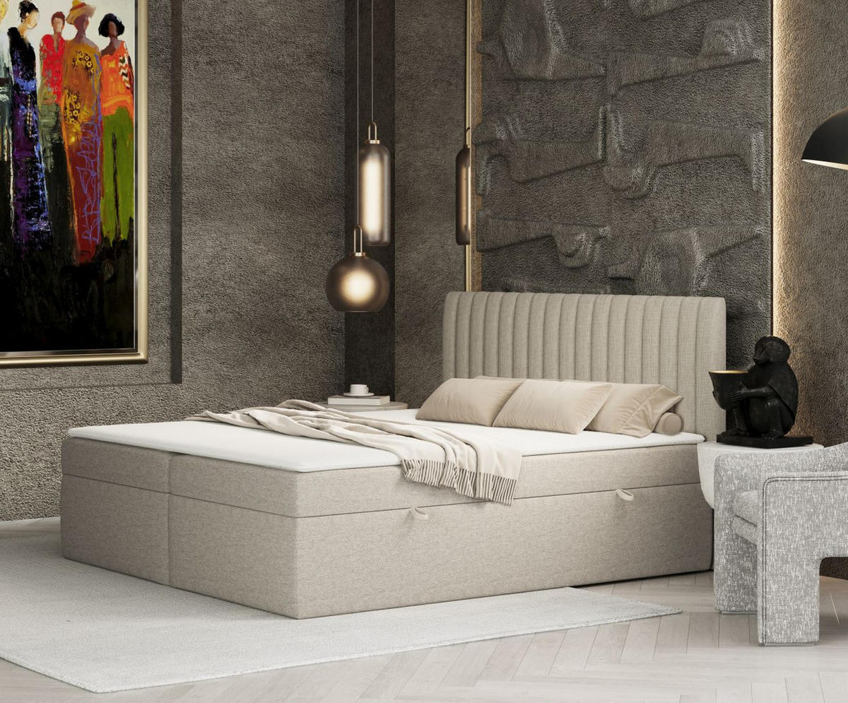 BOXBETT Spencer Beige 140/200 cm mit Matratze und Topper - Beige/Schwarz, Holz/Holzwerkstoff (140/200cm) - Maison de Reve