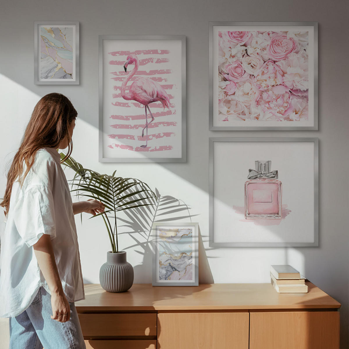 WANDBILDER 5er Set - 50x50 cm & 20x30 cm & 40x60 cm Silberner Rahmen - Rosa Blumen Marmor Pastell - Silberfarben, Kunststoff (40/60cm) - ArtPrintCave