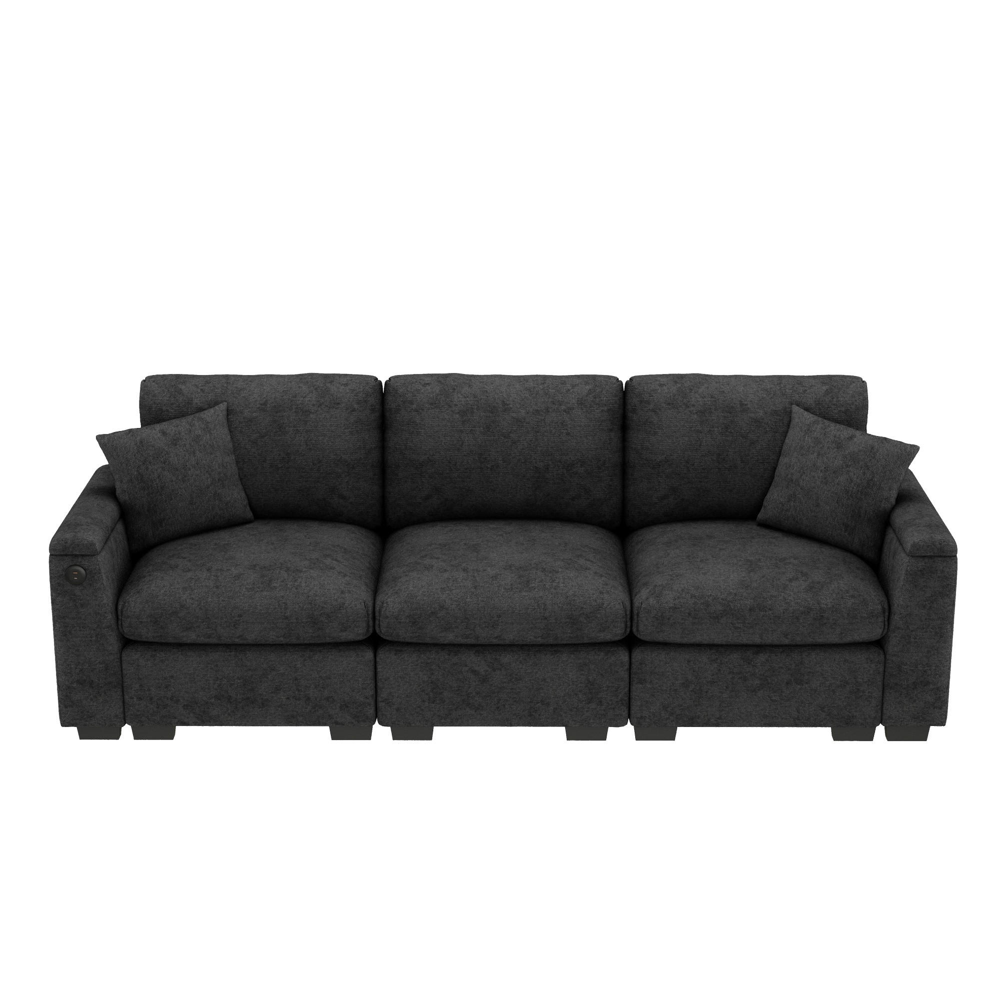 3-SITZER Sofa Chenille mit Klapptisch USB-Anschluss und Stauraum 242/80/88 cm Grau - Grau, Kunststoff/Textil (80/88/242cm) - Redom