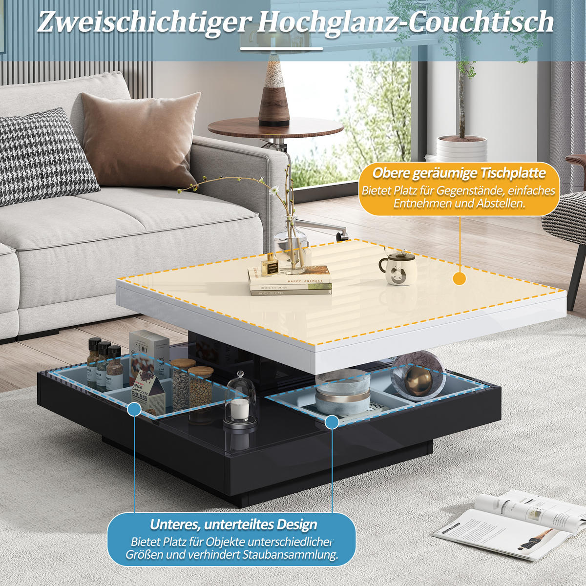 COUCHTISCH DE-205 Weiß mit 360° drehbarer Tischplatte und Ablagefach - Weiß, Holzwerkstoff (70/70/36cm) - ComfortXL