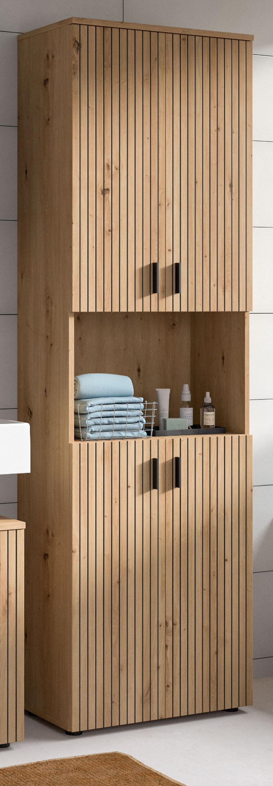 HOCHSCHRANK Eiche Artisan 60 x 192 cm, Badezimmer Schrank mit 8 Fächern - Schwarz/Eiche Artisan, Holzwerkstoff/Kunststoff (60/192/30cm) - Inn.Furn