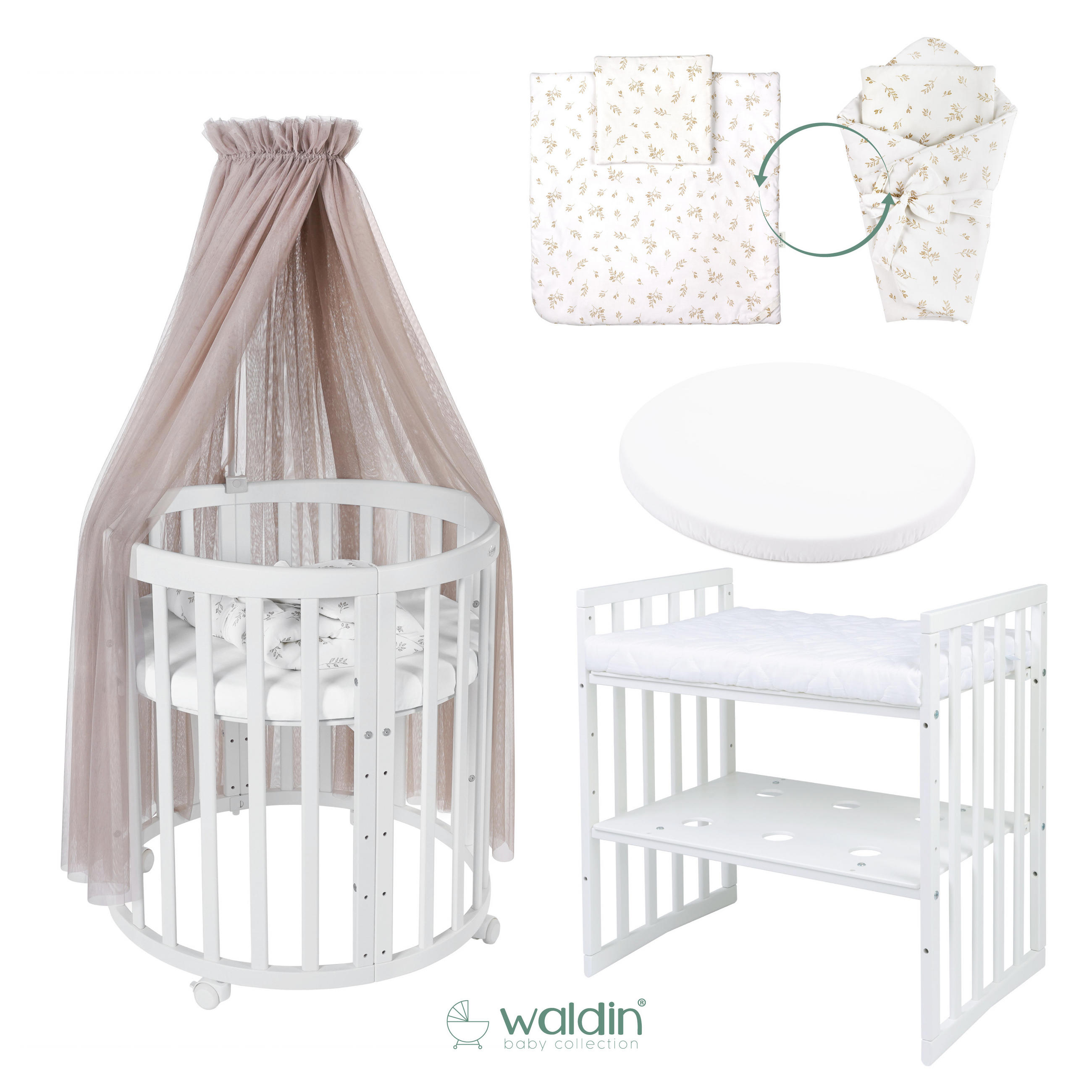 BABYBETT WHITE OVAL 7in1 mit Matratze und Himmelset - Taupe/Naturfarben, Holz/Textil