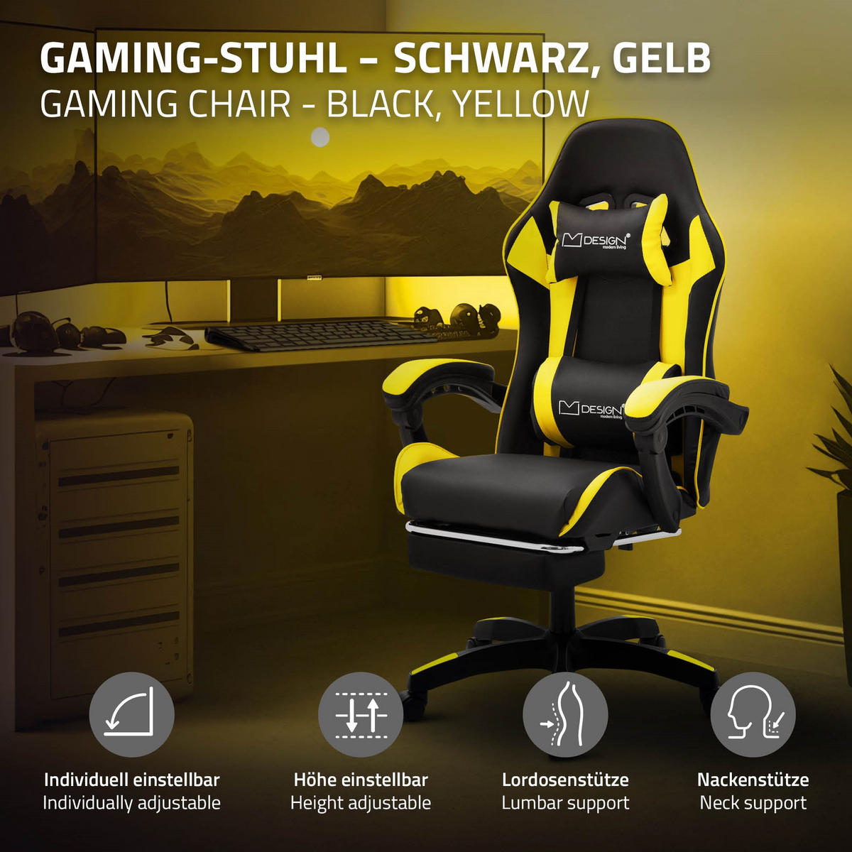 GAMINGSTUHL Schwarz-Gelb aus Kunstleder - Gelb/Schwarz, Kunststoff/Metall (62/119/62cm) - ML-DESIGN