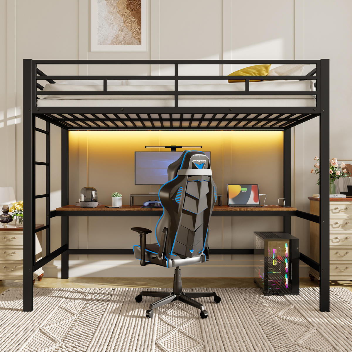 HOCHBETT aus Metall und MDF 90x200 cm Schwarz mit Lerntisch, LED-Beleuchtung, USB und Steckdose - Schwarz, Metall (90/200cm) - IVMEU