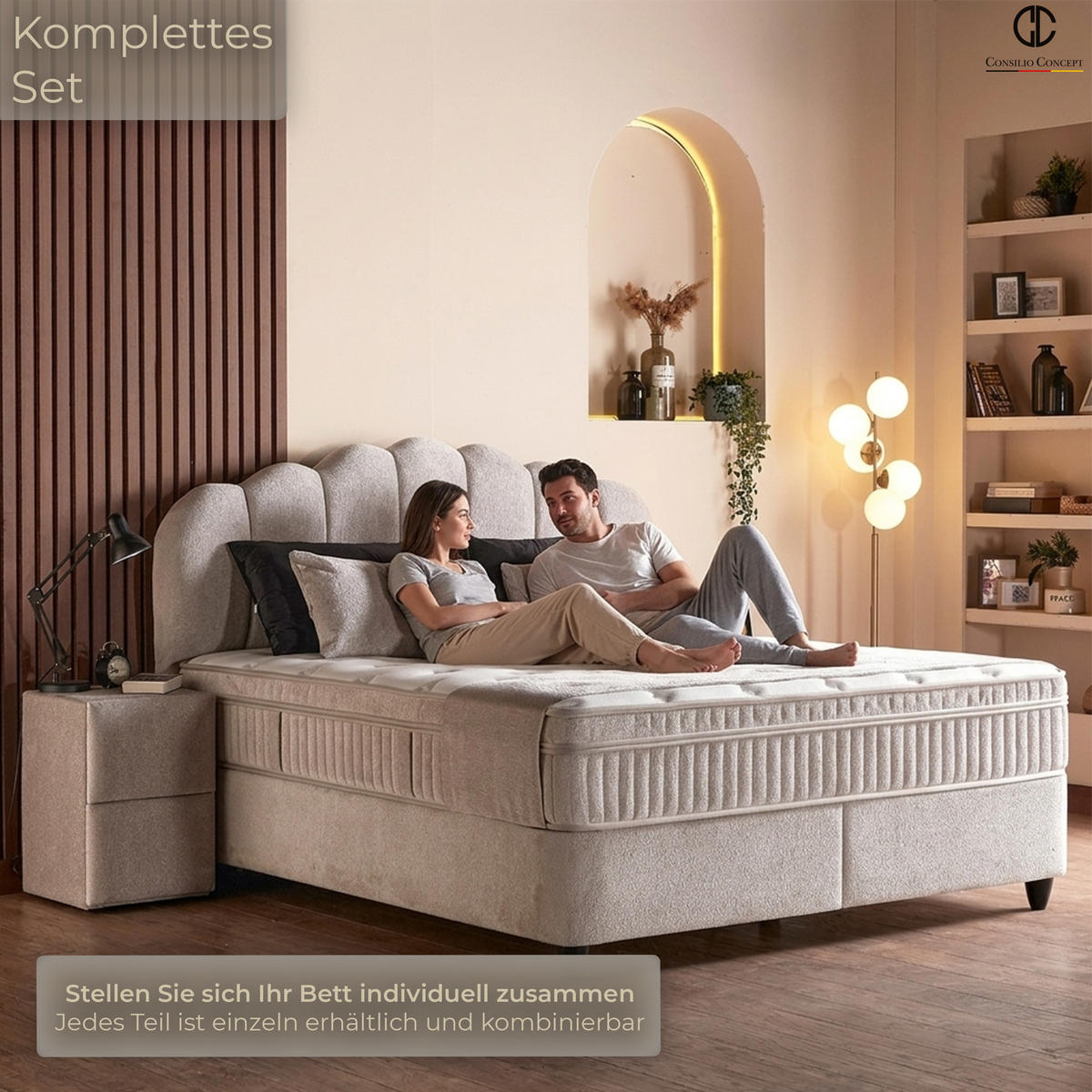 BOXSPRINGBETT MIT BETTKASTEN COMO 180/200 cm, Beige, Bettkasten, Matratze, Topper integriert, H3 mittel 7-Zonen Matratze - Beige/Schwarz, Holz/Kunststoff (180/200cm) - Consilio Concept