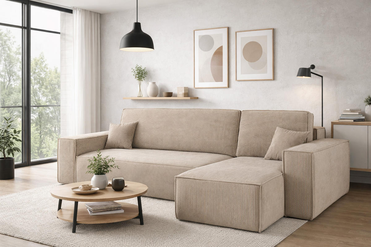 ECKSOFA Mit Schlaffunktion Und Bettkasten BEST Stoff Poso Dicker Cord Dunkelbeige Rechts - Cappuccino, Holz/Textil (244/142cm) - Kaiser Möbel