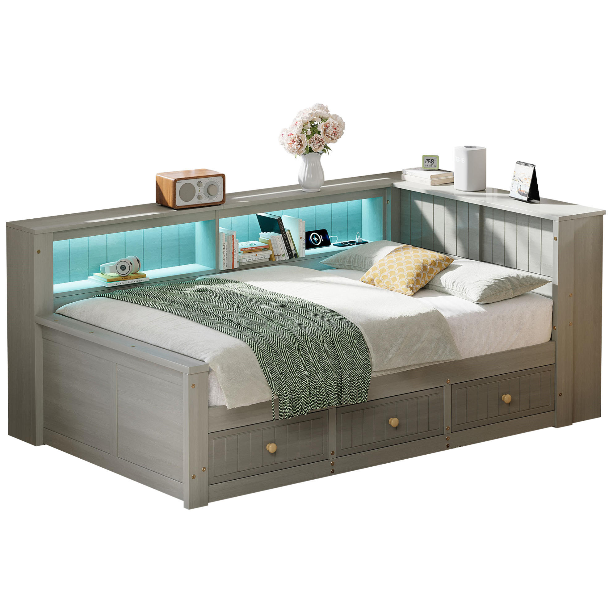 TAGESBETT 90/200 cm mit LED-Beleuchtung, Ablagefächern und 3 Schubladen, MDF & Sperrholz, Grau - Grau, Holzwerkstoff (90/200cm) - Redom