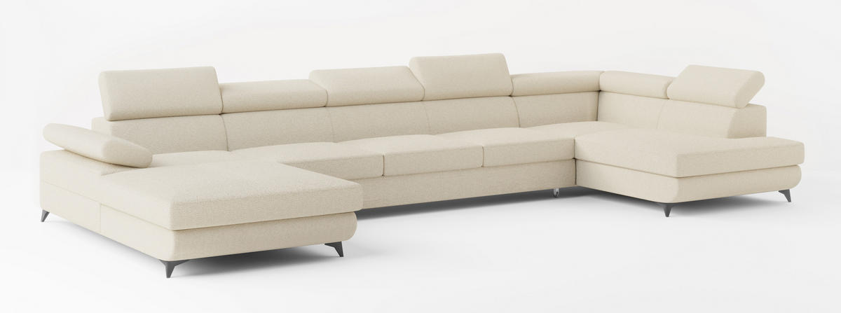 WOHNLANDSCHAFT MONTIVA Creme Boucle-Stoff mit Schlaffunktion - Creme, Holz (410/89/190cm) - MASSENO