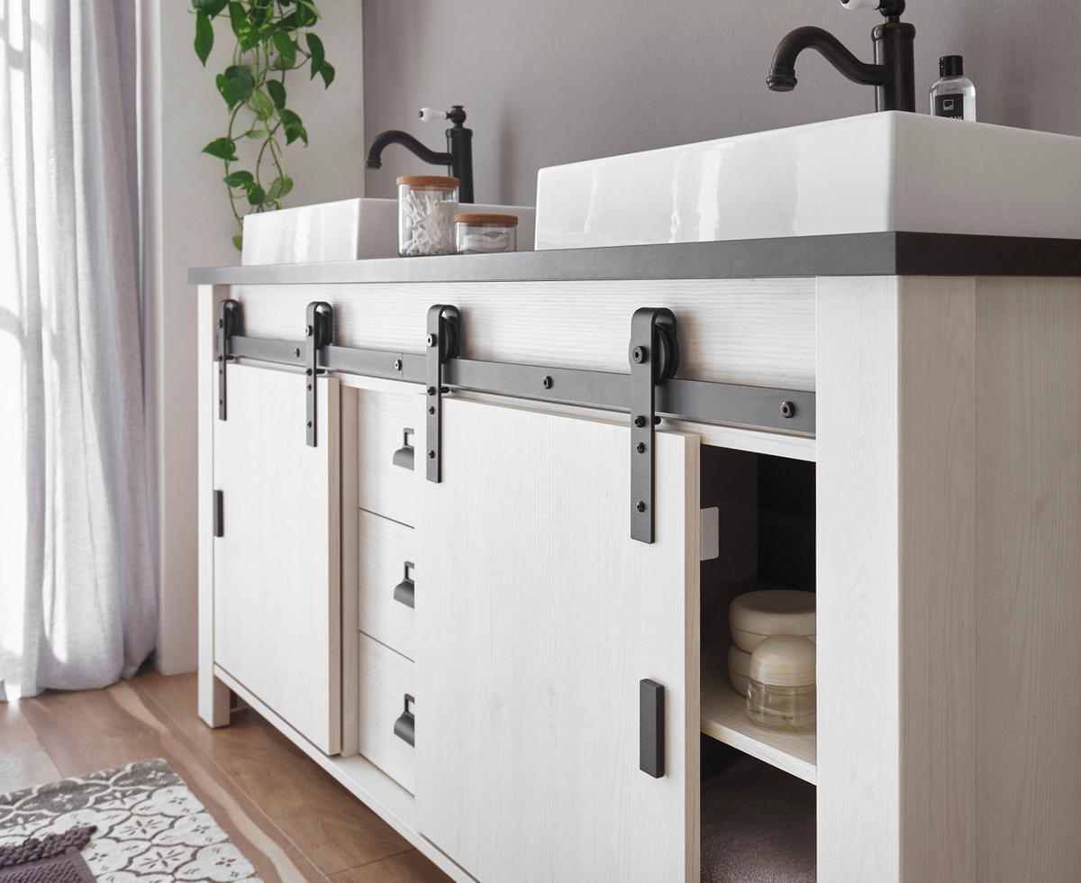 DOPPELWASCHTISCH weiß Pinie, anthrazit Landhaus, Waschtisch- Set inkl. 2 x Waschbecken - Anthrazit/Weiß, Holzwerkstoff/Metall (164/81/43cm) - Furn.Design
