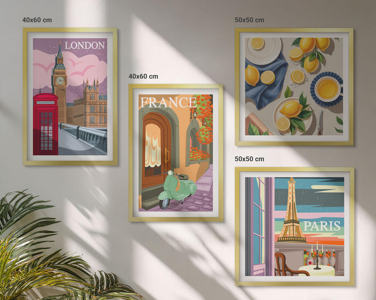 WANDBILDER 4er Set - 50x50 cm & 40x60 cm Goldrahmen - Stadtansichten Paris London Frankreich - Goldfarben, Kunststoff (50/50cm) - ArtPrintCave