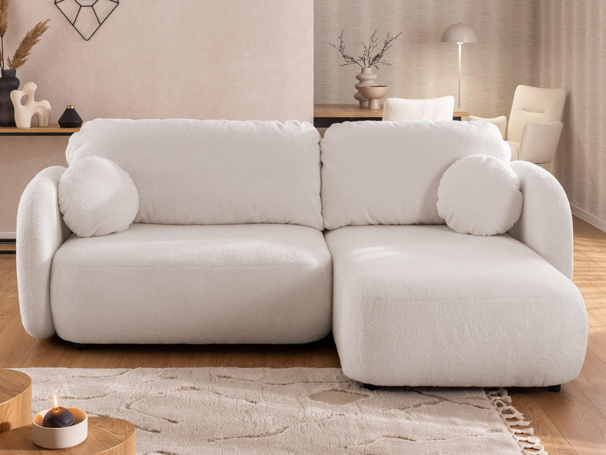 ECKSOFA Candy mit Schlaffunktion Weiß Bouclé-Stoff - Ottomane rechts - Schwarz/Weiß, Holz/Kunststoff (146/230cm) - S-Style Möbel