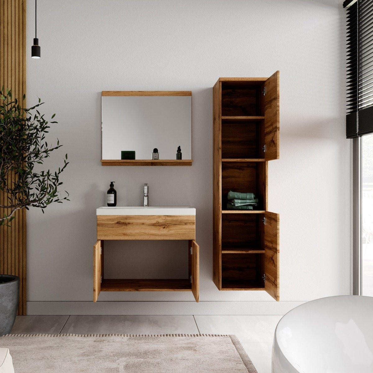 BADMÖBEL-SET Montreal 4 Teile Eiche - 60 x 35 x 51 cm - Chromfarben/Eichefarben, Holz/Metall (60/51/35cm) - Badplaats