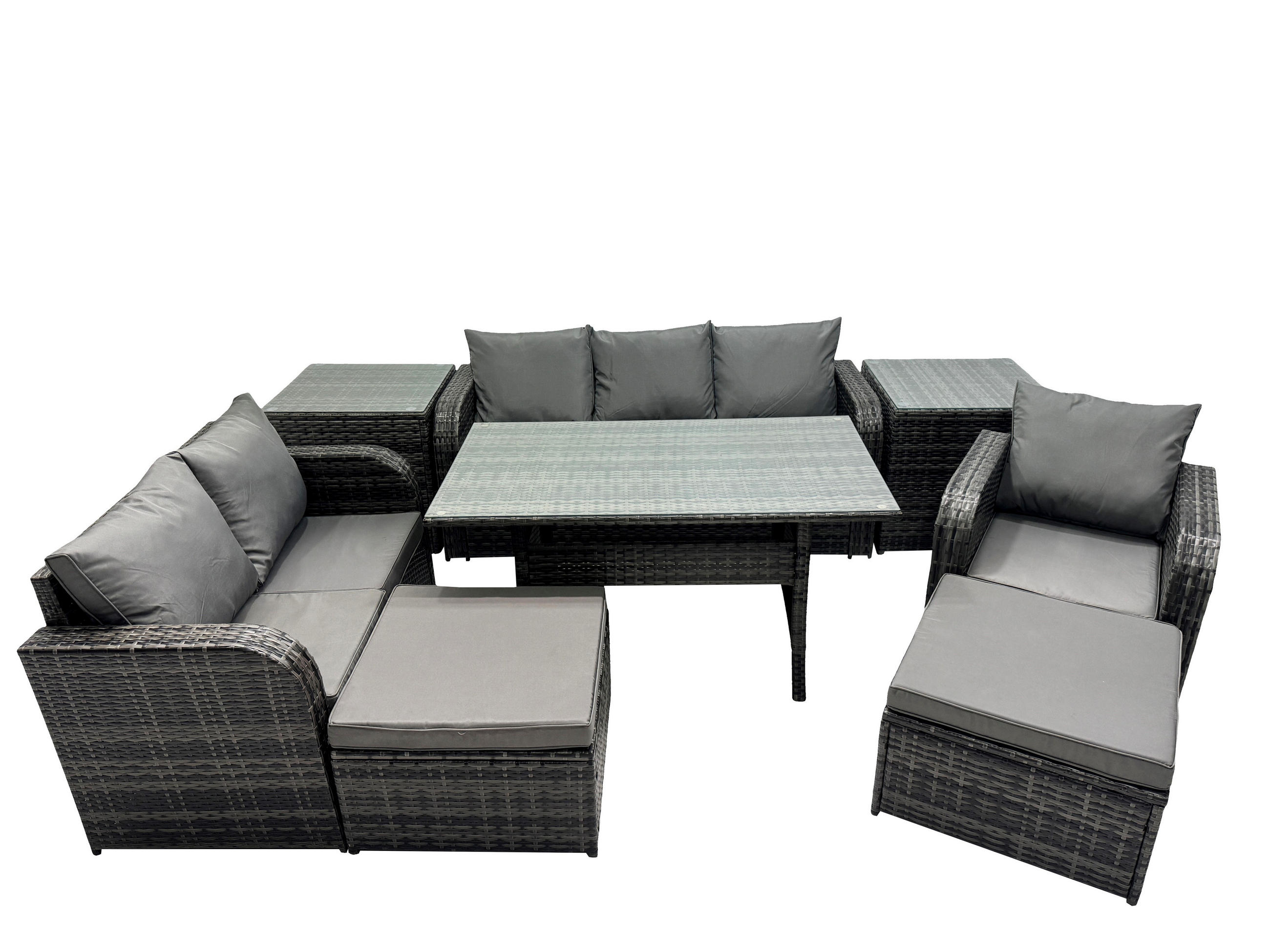 GARTENTISCHGRUPPE mit Liegestuhl,2 Hocker,2 Beistelltischen Polyrattan 8-Sitzer - Dunkelgrau/Grau, Glas/Kunststoff - Fimous