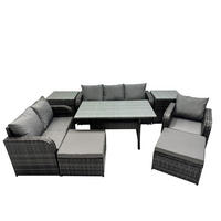 GARTENTISCHGRUPPE mit Liegestuhl,2 Hocker,2 Beistelltischen Polyrattan 8-Sitzer - Dunkelgrau/Grau, Glas/Kunststoff - Fimous
