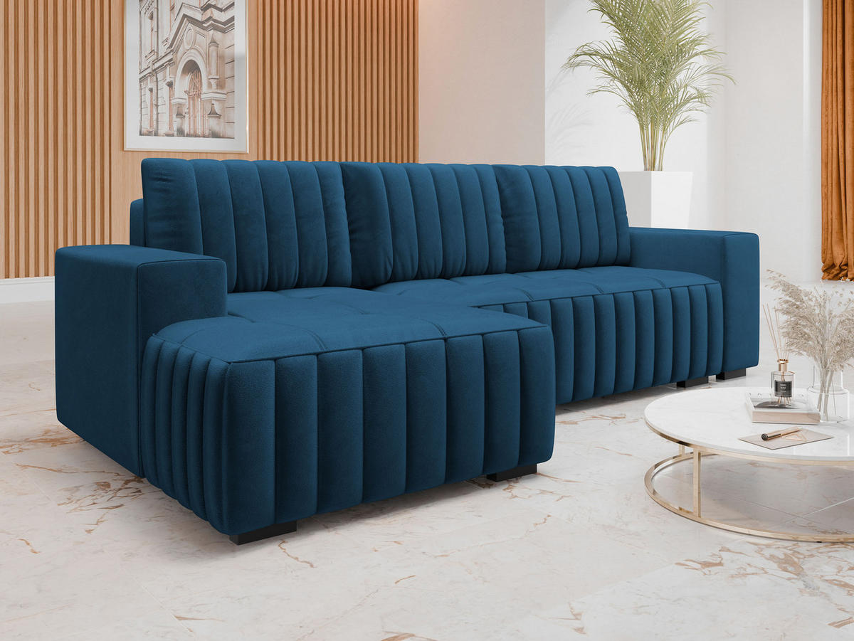 ECKSOFA Hugo, Seite: Links - Blau/Dunkelbraun, Holz/Textil (240/140cm)