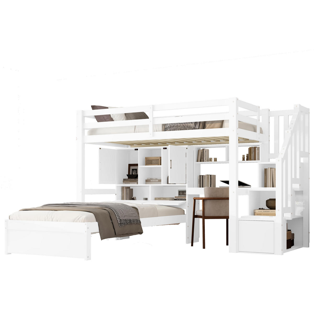 HOCHBETT 90/200 cm Weiß mit Schreibtisch Treppe und Stauraum aus Kiefer und MDF - Weiß, Holzwerkstoff (90/200cm) - OKWISH