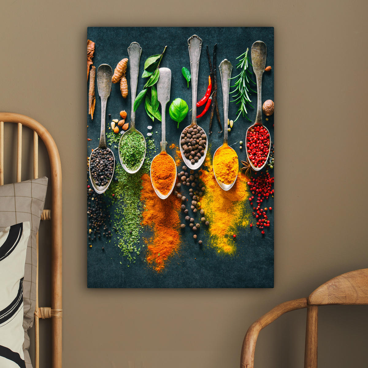 LEINWANDBILD Kräuter - Gewürze - Löffel 60x80 cm - Currygelb, Textil (60/80cm) - MuchoWow