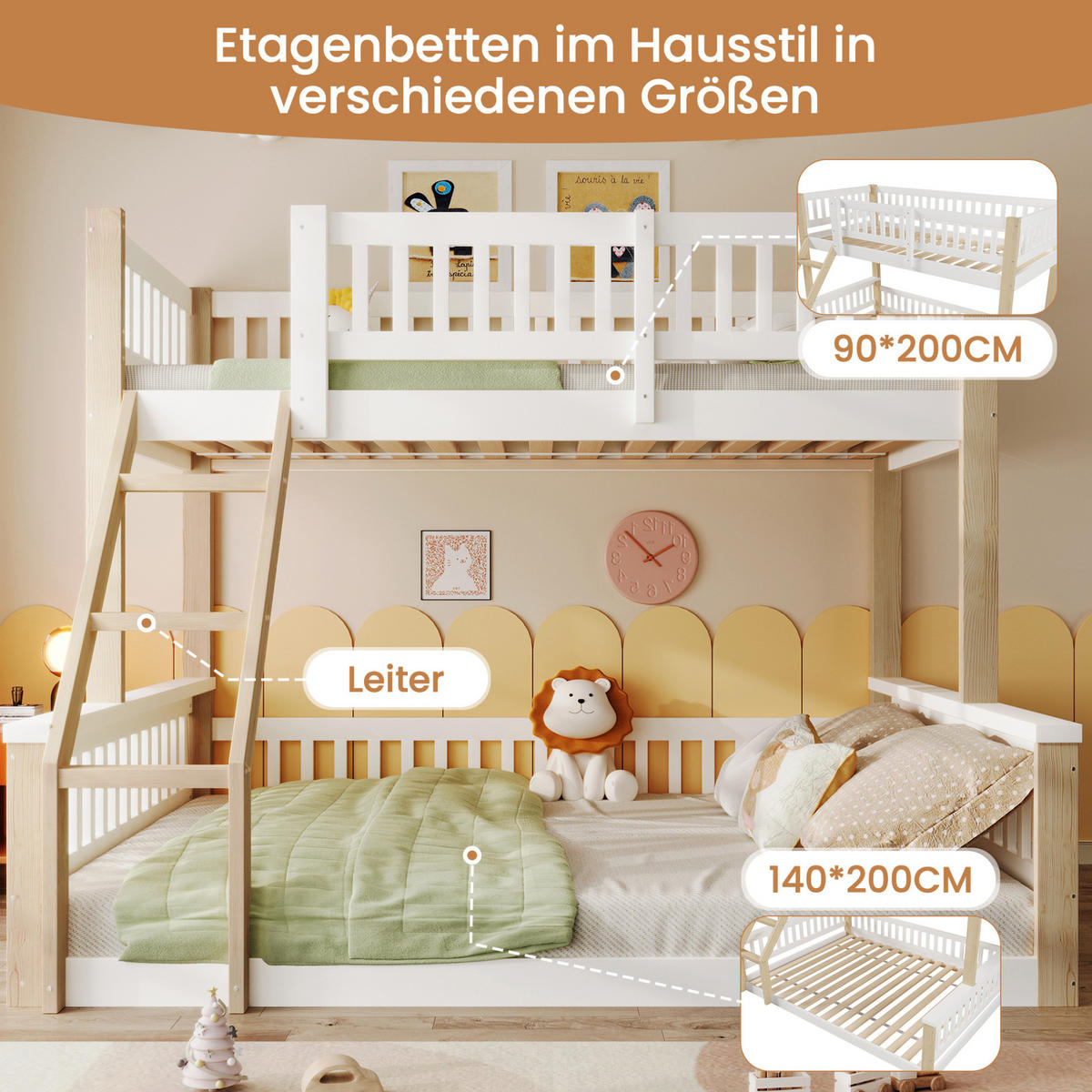 ETAGENBETT 90/200 cm + 140/200 cm, Weiß/Natur mit Leiter und Bettgitter ohne Matratze - Weiß, Holzwerkstoff (140/200cm) - MIVRAY
